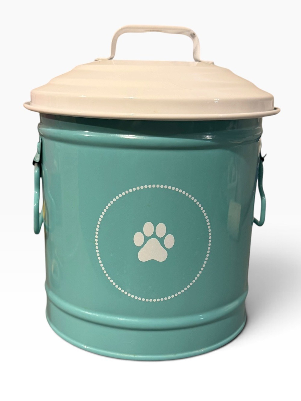 Retro Metal Dog Food Pet Treats Storage Tin with Lid Turquoise and White